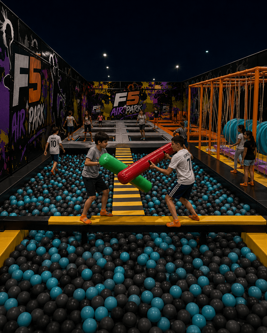 Dos chicos jugando a la batalla de gladiadores sobre la piscina de pelotas